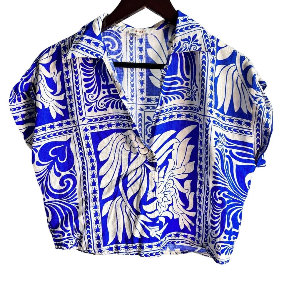 Peach Blue White Crop Top Small Button Front Coastal Boho Blouse